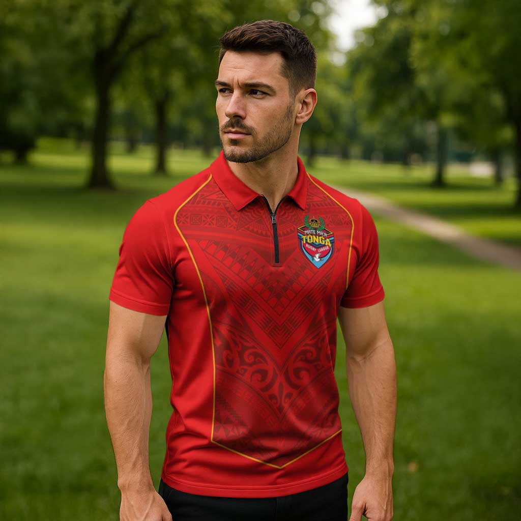 Custom Mate Ma'a Tonga Rugby Zipper Polo Shirt Ngatu Tribal Motifs Sporty Style - Polynesian Pride