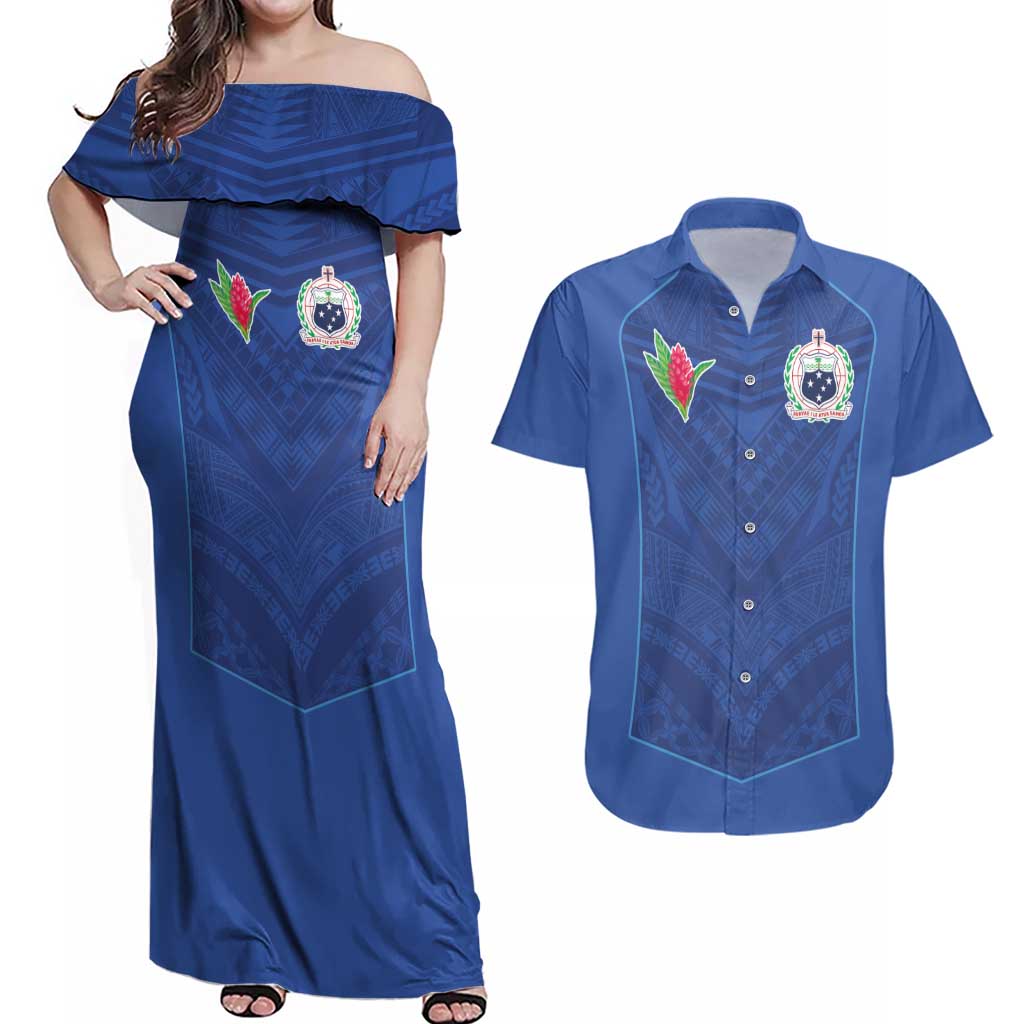 Custom Samoa Rugby Couples Matching Off Shoulder Maxi Dress and Hawaiian Shirt Tatau Tribal Motifs Sporty Style - Polynesian Pride