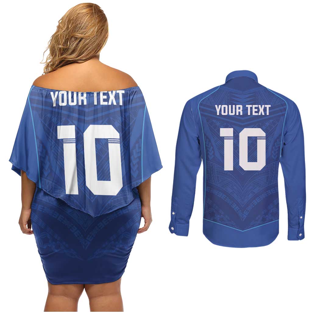 Custom Samoa Rugby Couples Matching Off Shoulder Short Dress and Long Sleeve Button Shirt Tatau Tribal Motifs Sporty Style - Polynesian Pride