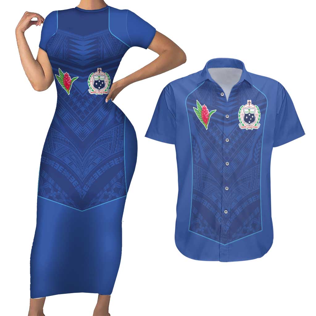 Custom Samoa Rugby Couples Matching Short Sleeve Bodycon Dress and Hawaiian Shirt Tatau Tribal Motifs Sporty Style - Polynesian Pride