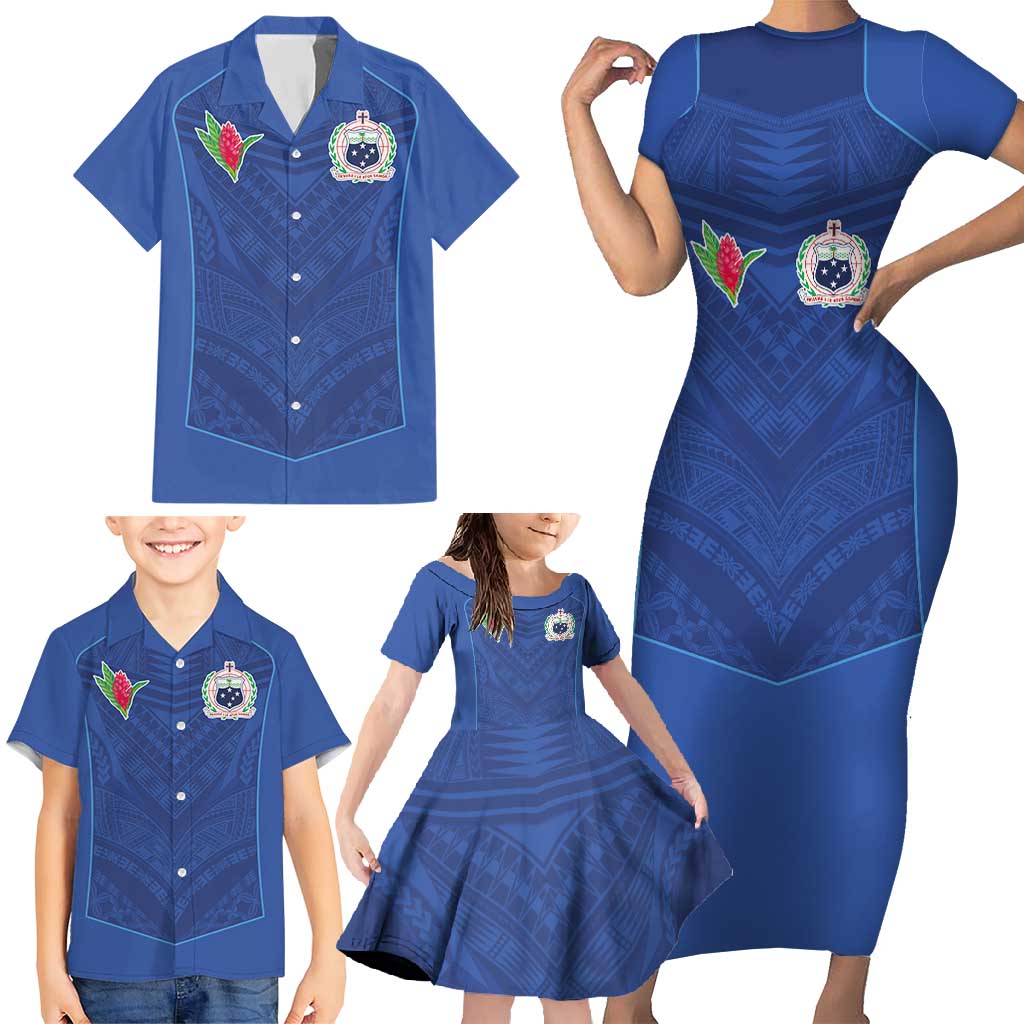 Custom Samoa Rugby Family Matching Short Sleeve Bodycon Dress and Hawaiian Shirt Tatau Tribal Motifs Sporty Style - Polynesian Pride