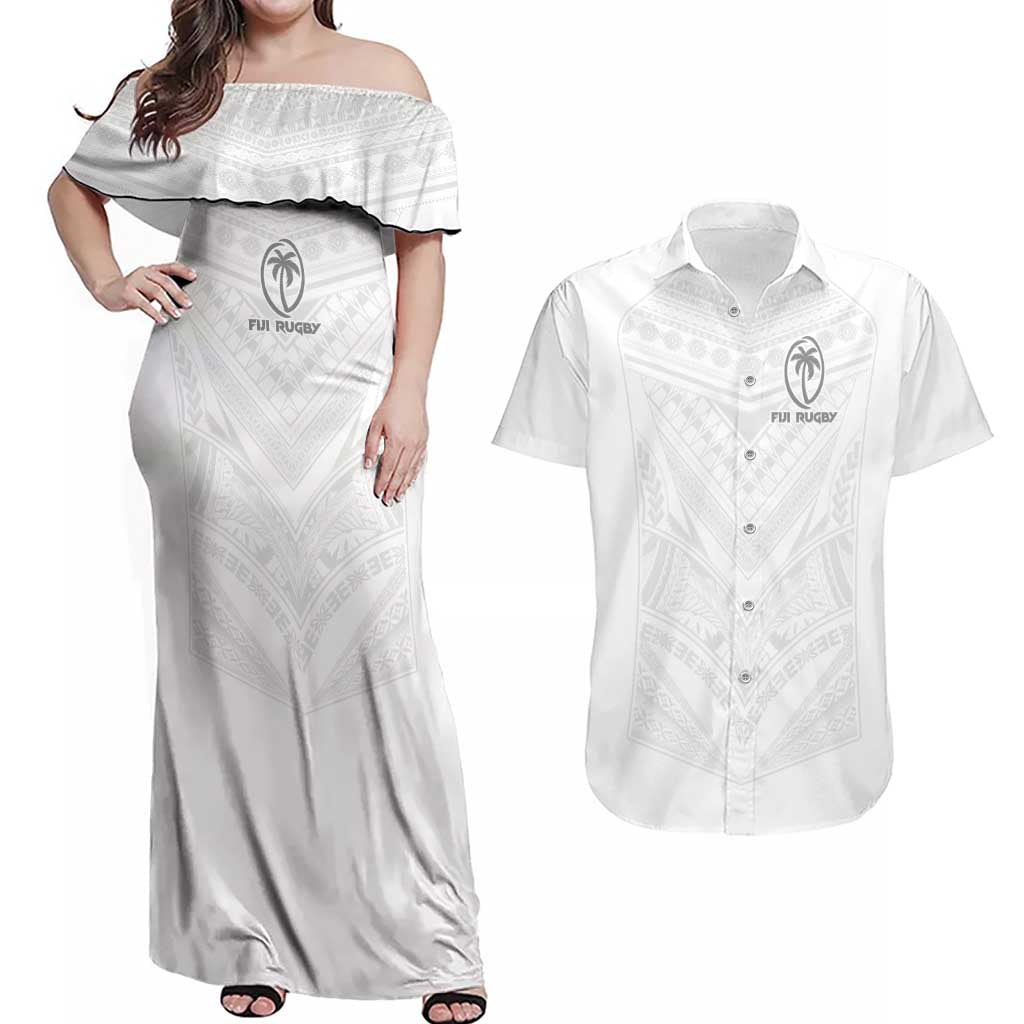 Custom Fiji Rugby Couples Matching Off Shoulder Maxi Dress and Hawaiian Shirt Tapa Tribal Motifs Sporty Style - Polynesian Pride