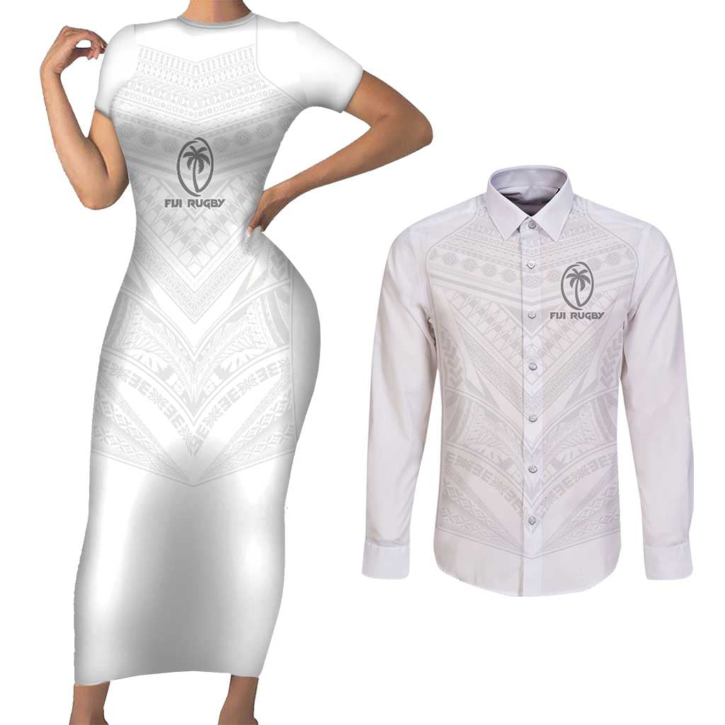 Custom Fiji Rugby Couples Matching Short Sleeve Bodycon Dress and Long Sleeve Button Shirt Tapa Tribal Motifs Sporty Style - Polynesian Pride