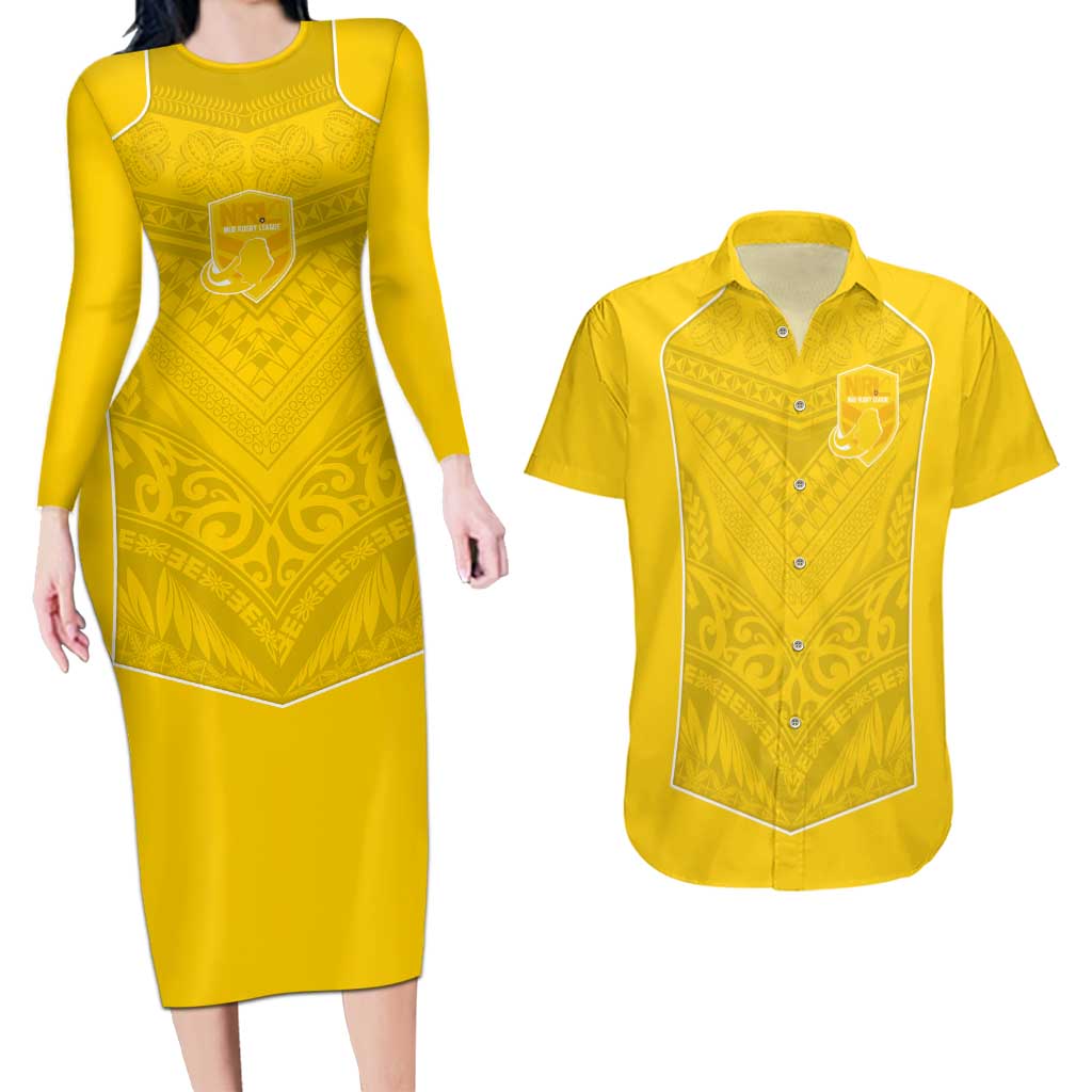Custom Niue Rugby Couples Matching Long Sleeve Bodycon Dress and Hawaiian Shirt Hiapo Tribal Motifs Sporty Style - Polynesian Pride