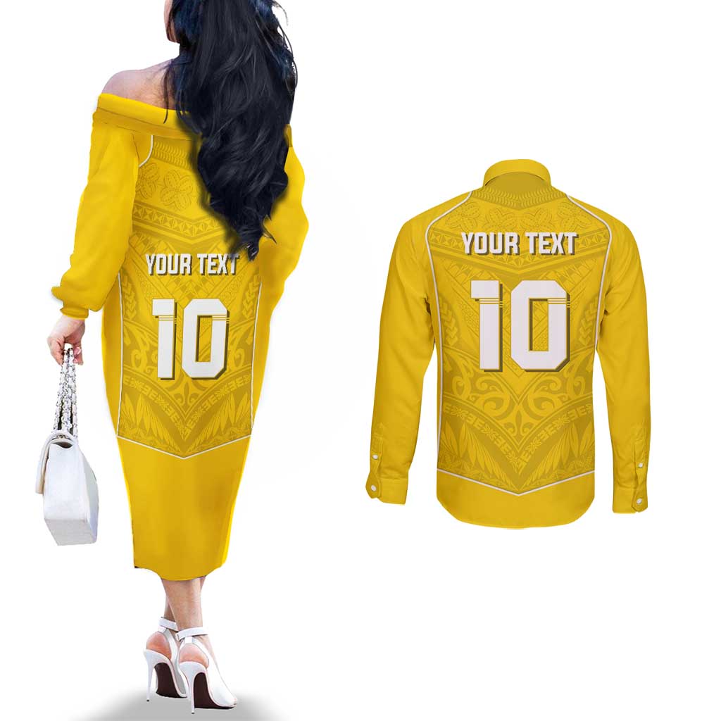 Custom Niue Rugby Couples Matching Off The Shoulder Long Sleeve Dress and Long Sleeve Button Shirt Hiapo Tribal Motifs Sporty Style - Polynesian Pride
