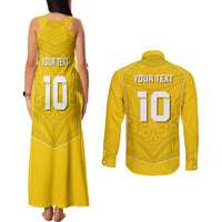 Custom Niue Rugby Couples Matching Tank Maxi Dress and Long Sleeve Button Shirt Hiapo Tribal Motifs Sporty Style - Polynesian Pride