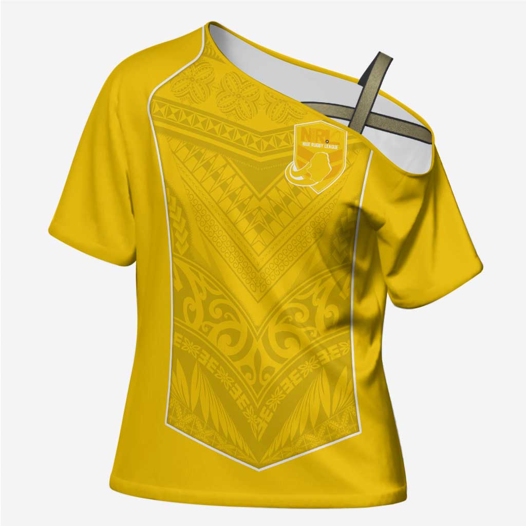 Custom Niue Rugby Cross Shoulder Shirt Hiapo Tribal Motifs Sporty Style - Polynesian Pride