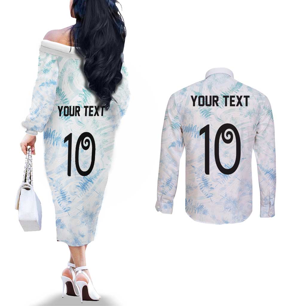 Custom New Zealand Football Couples Matching Off The Shoulder Long Sleeve Dress and Long Sleeve Button Shirt The Whites-Aotearoa Inspired - Polynesian Pride