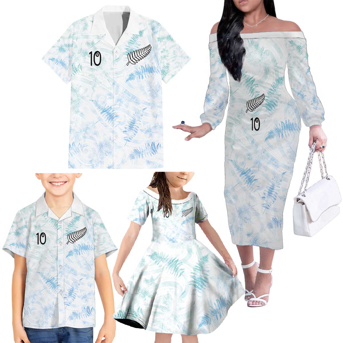 Custom New Zealand Football Family Matching Off The Shoulder Long Sleeve Dress and Hawaiian Shirt The Whites-Aotearoa Inspired - Polynesian Pride