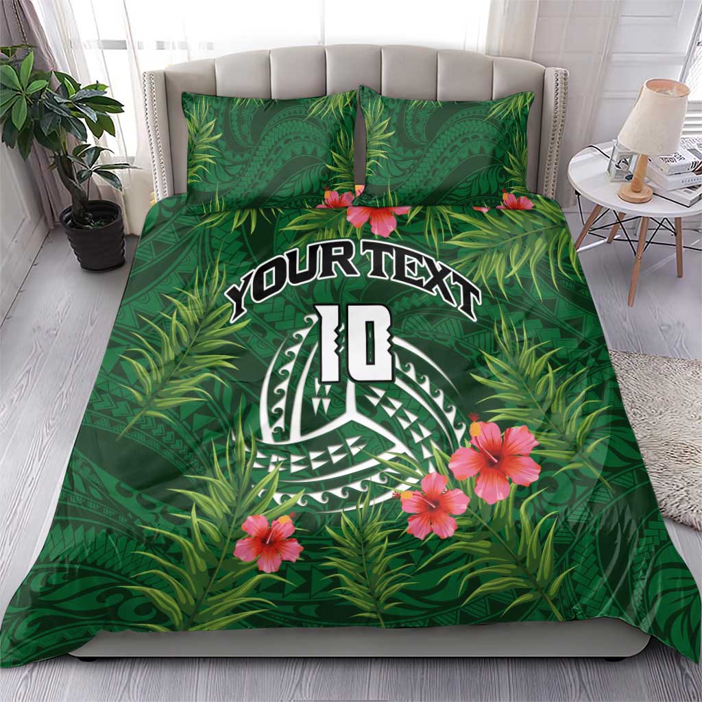 Custom Hawaii Volleyball Bedding Set Kakau Abstract and Tropical Plants Green Color - Polynesian Pride