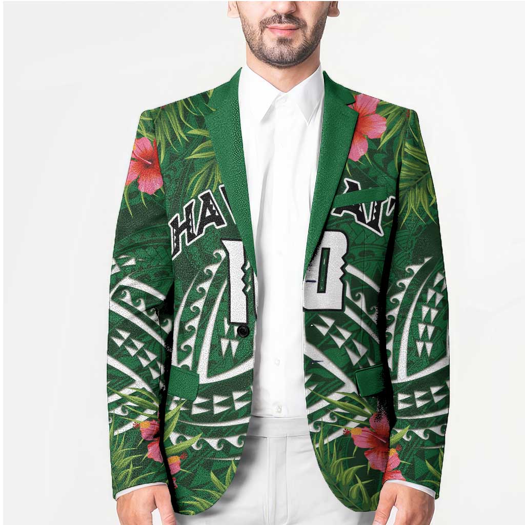 Custom Hawaii Volleyball Blazer Kakau Abstract and Tropical Plants Green Color - Polynesian Pride