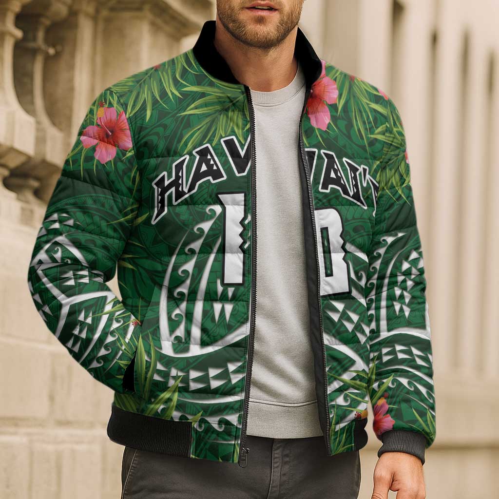 Custom Hawaii Volleyball Bomber Puffer Jacket Kakau Abstract and Tropical Plants Green Color - Polynesian Pride