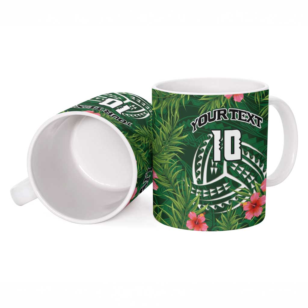 Custom Hawaii Volleyball Ceramic Mug Kakau Abstract and Tropical Plants Green Color - Polynesian Pride