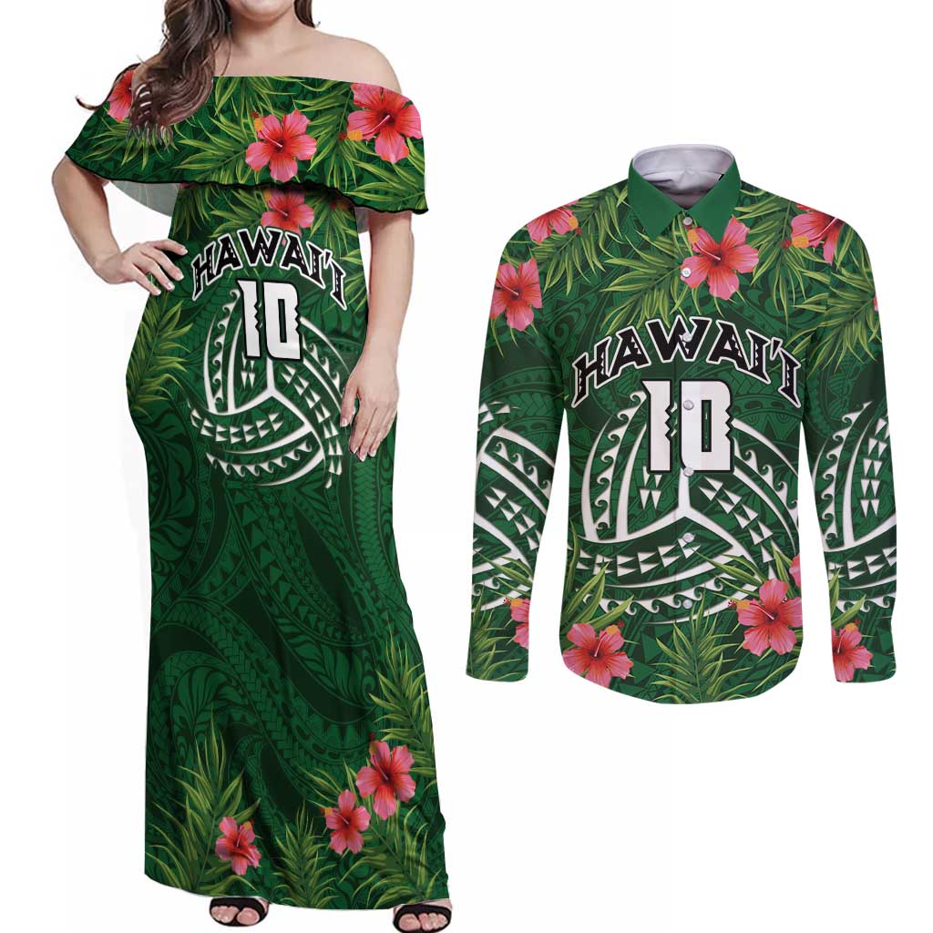Custom Hawaii Volleyball Couples Matching Off Shoulder Maxi Dress and Long Sleeve Button Shirt Kakau Abstract and Tropical Plants Green Color - Polynesian Pride