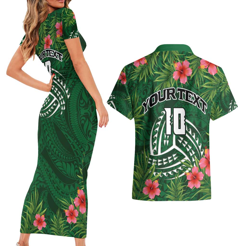 Custom Hawaii Volleyball Couples Matching Short Sleeve Bodycon Dress and Hawaiian Shirt Kakau Abstract and Tropical Plants Green Color - Polynesian Pride