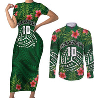 Custom Hawaii Volleyball Couples Matching Short Sleeve Bodycon Dress and Long Sleeve Button Shirt Kakau Abstract and Tropical Plants Green Color - Polynesian Pride