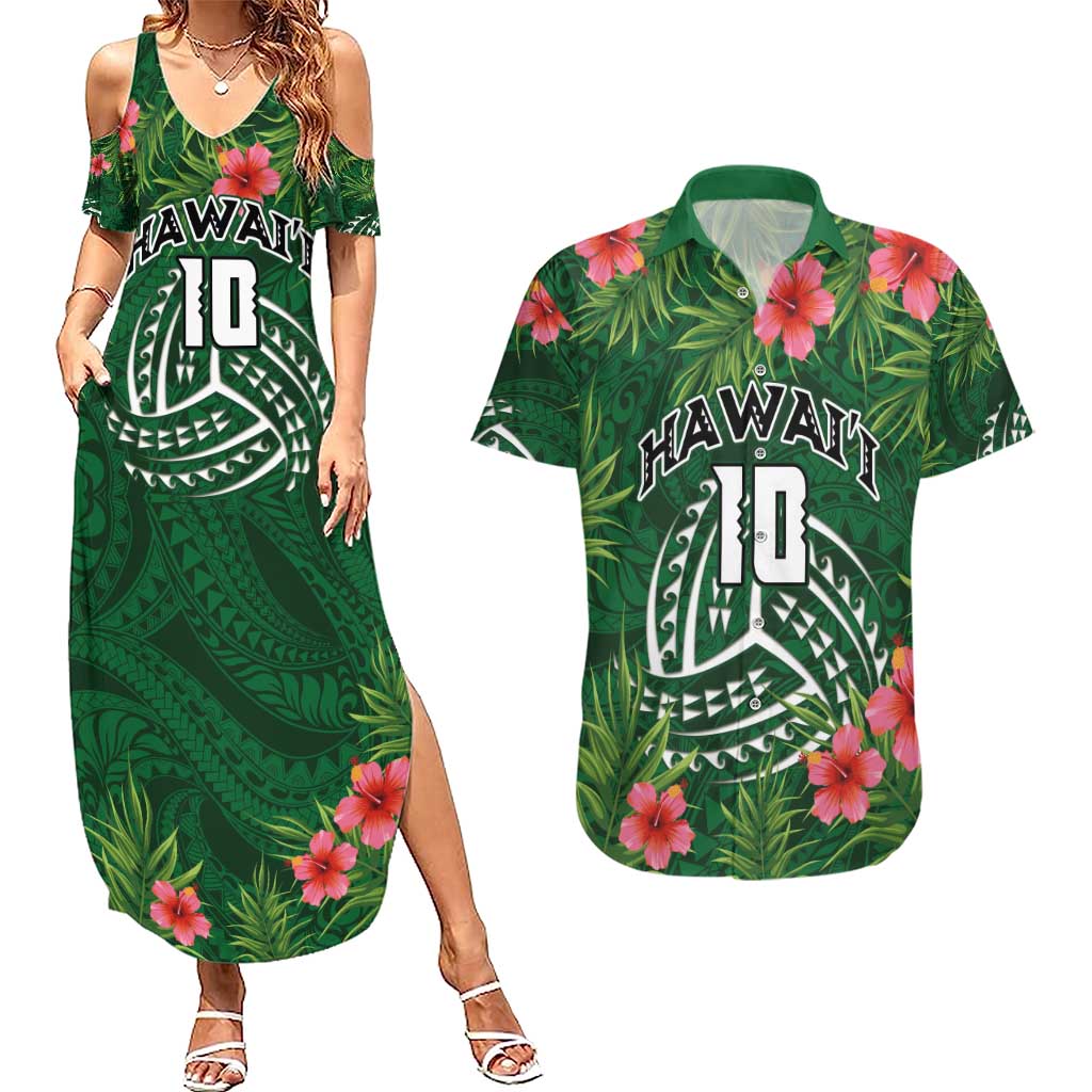Custom Hawaii Volleyball Couples Matching Summer Maxi Dress and Hawaiian Shirt Kakau Abstract and Tropical Plants Green Color - Polynesian Pride
