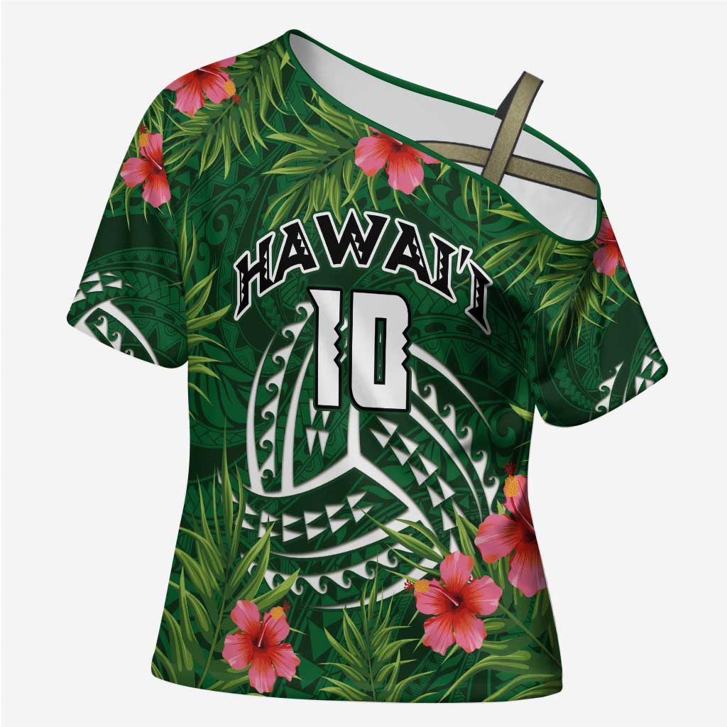 Custom Hawaii Volleyball Cross Shoulder Shirt Kakau Abstract and Tropical Plants Green Color - Polynesian Pride