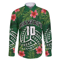 Custom Hawaii Volleyball Family Matching Long Sleeve Bodycon Dress and Hawaiian Shirt Kakau Abstract and Tropical Plants Green Color - Polynesian Pride