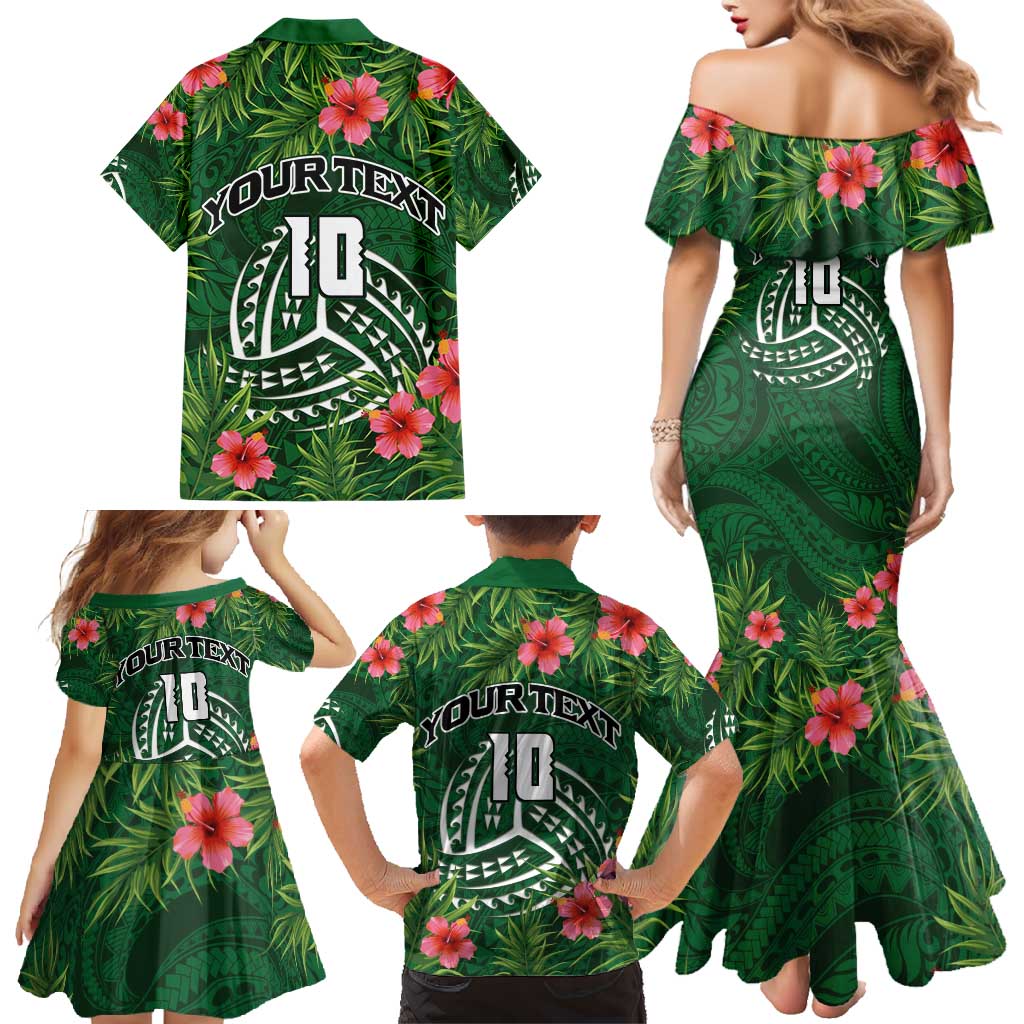 Custom Hawaii Volleyball Family Matching Mermaid Dress and Hawaiian Shirt Kakau Abstract and Tropical Plants Green Color - Polynesian Pride