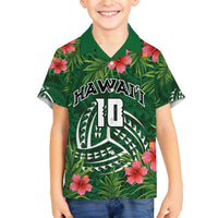 Custom Hawaii Volleyball Family Matching Off The Shoulder Long Sleeve Dress and Hawaiian Shirt Kakau Abstract and Tropical Plants Green Color - Polynesian Pride
