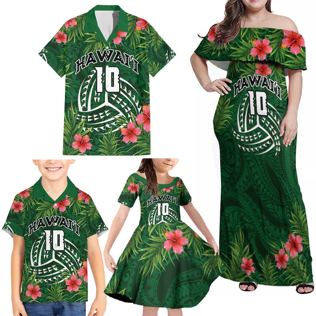 Custom Hawaii Volleyball Family Matching Off Shoulder Maxi Dress and Hawaiian Shirt Kakau Abstract and Tropical Plants Green Color - Polynesian Pride