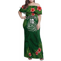 Custom Hawaii Volleyball Family Matching Off Shoulder Maxi Dress and Hawaiian Shirt Kakau Abstract and Tropical Plants Green Color - Polynesian Pride