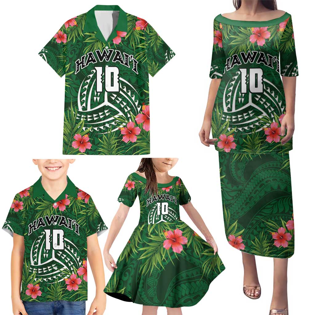 Custom Hawaii Volleyball Family Matching Puletasi and Hawaiian Shirt Kakau Abstract and Tropical Plants Green Color - Polynesian Pride