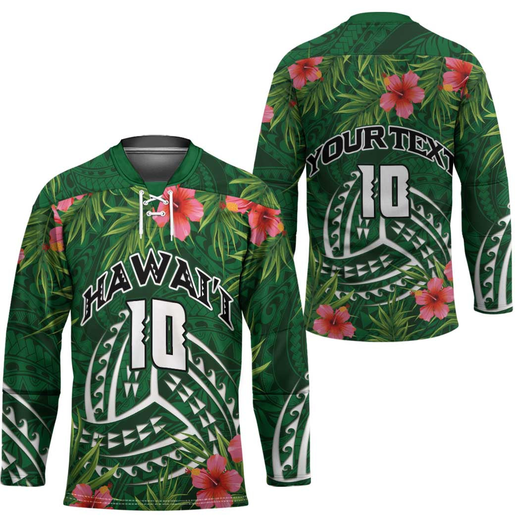 Custom Hawaii Volleyball Hockey Jersey Kakau Abstract and Tropical Plants Green Color - Polynesian Pride