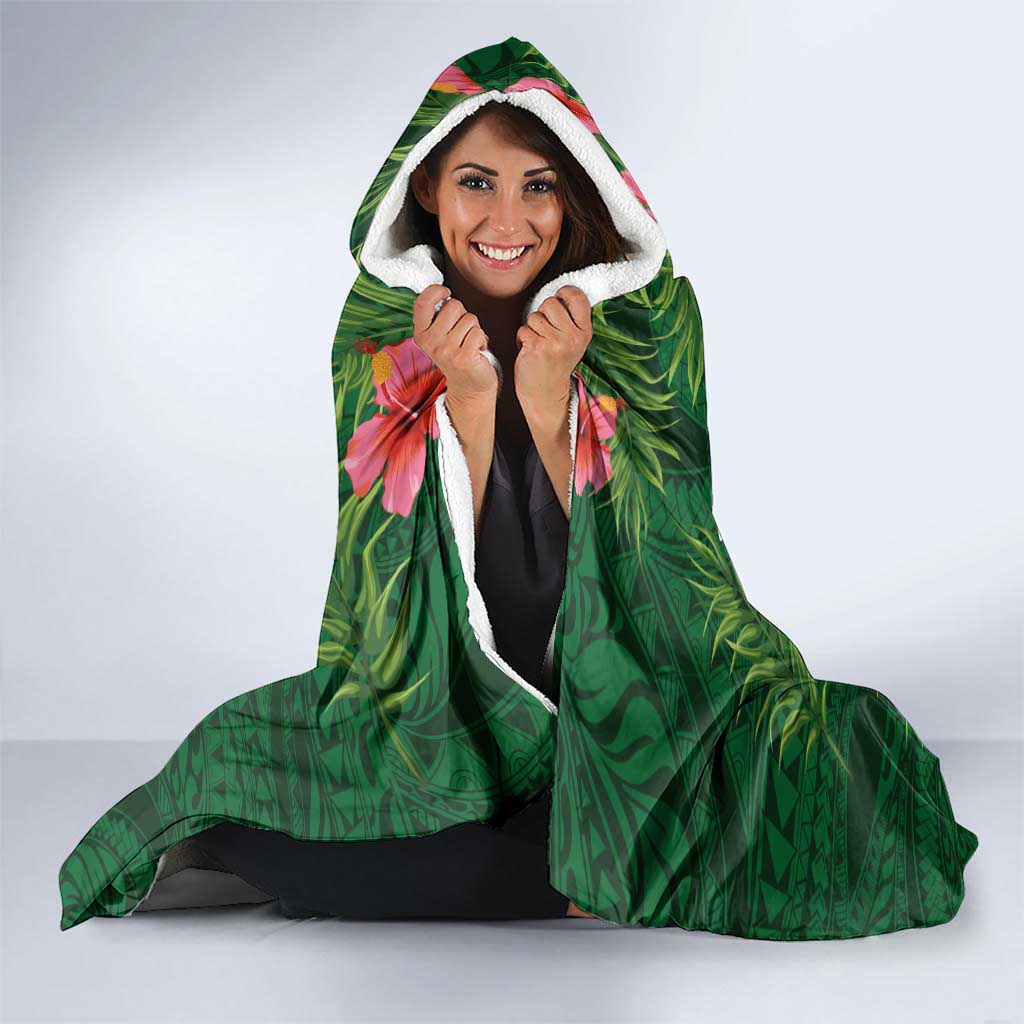 Custom Hawaii Volleyball Hooded Blanket Kakau Abstract and Tropical Plants Green Color - Polynesian Pride