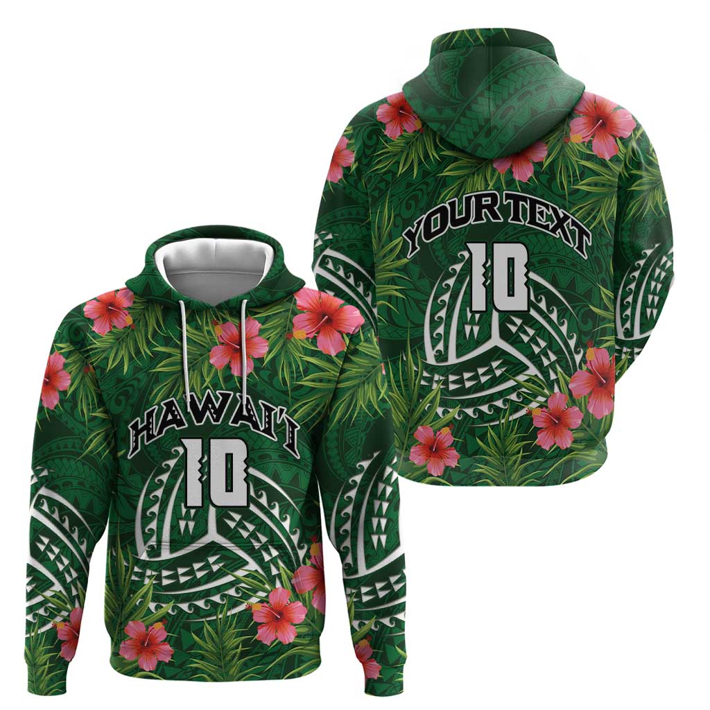 Custom Hawaii Volleyball Hoodie Kakau Abstract and Tropical Plants Green Color - Polynesian Pride