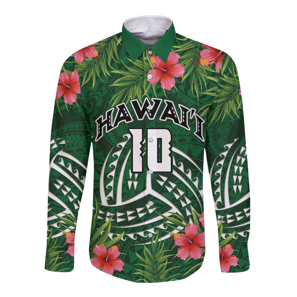 Custom Hawaii Volleyball Long Sleeve Button Shirt Kakau Abstract and Tropical Plants Green Color - Polynesian Pride