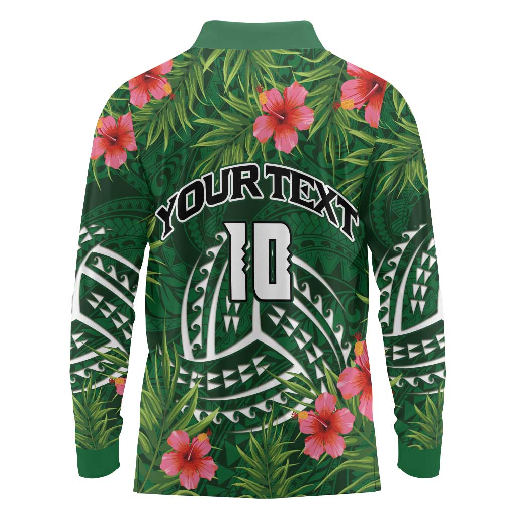 Custom Hawaii Volleyball Long Sleeve Polo Shirt Kakau Abstract and Tropical Plants Green Color - Polynesian Pride