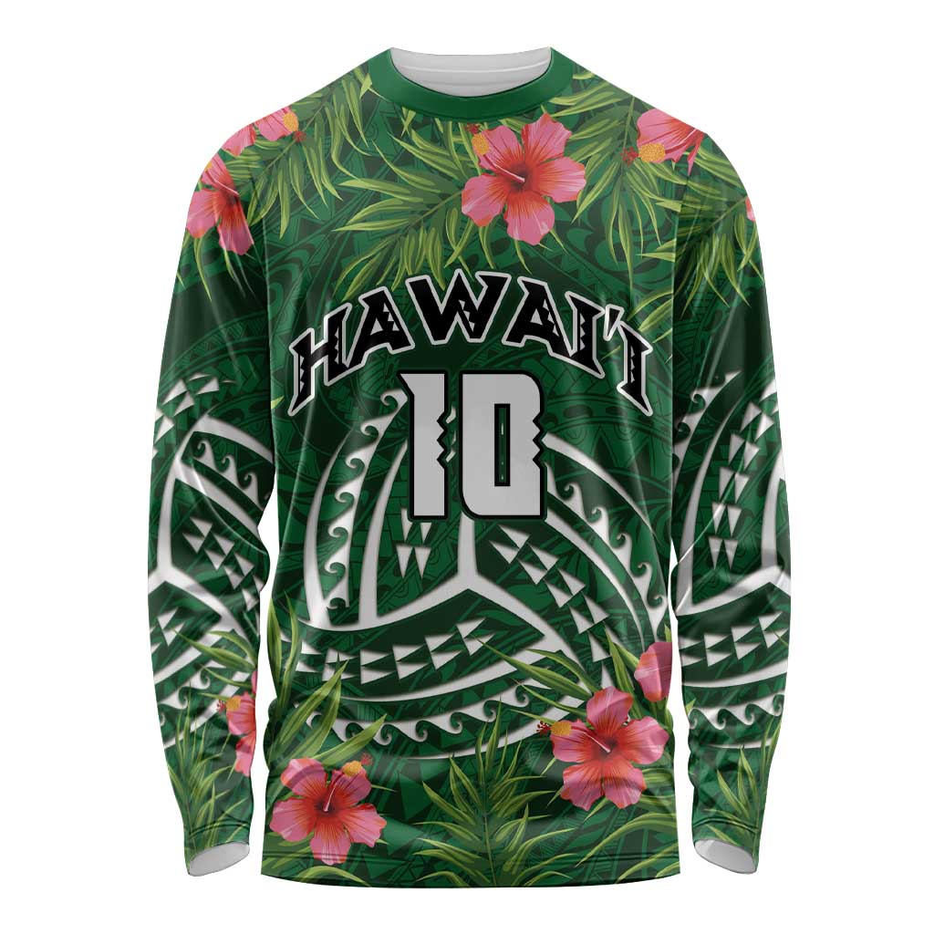 Custom Hawaii Volleyball Long Sleeve Shirt Kakau Abstract and Tropical Plants Green Color - Polynesian Pride