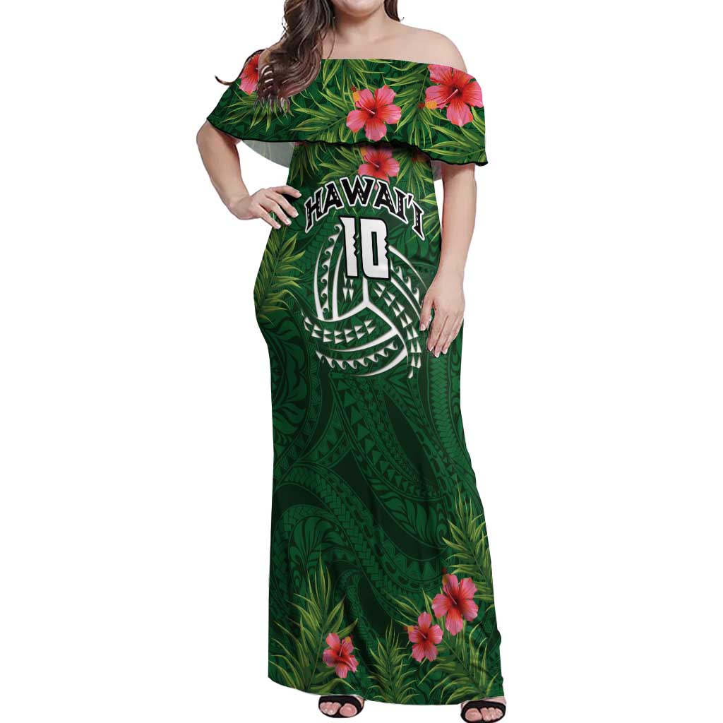 Custom Hawaii Volleyball Off Shoulder Maxi Dress Kakau Abstract and Tropical Plants Green Color - Polynesian Pride