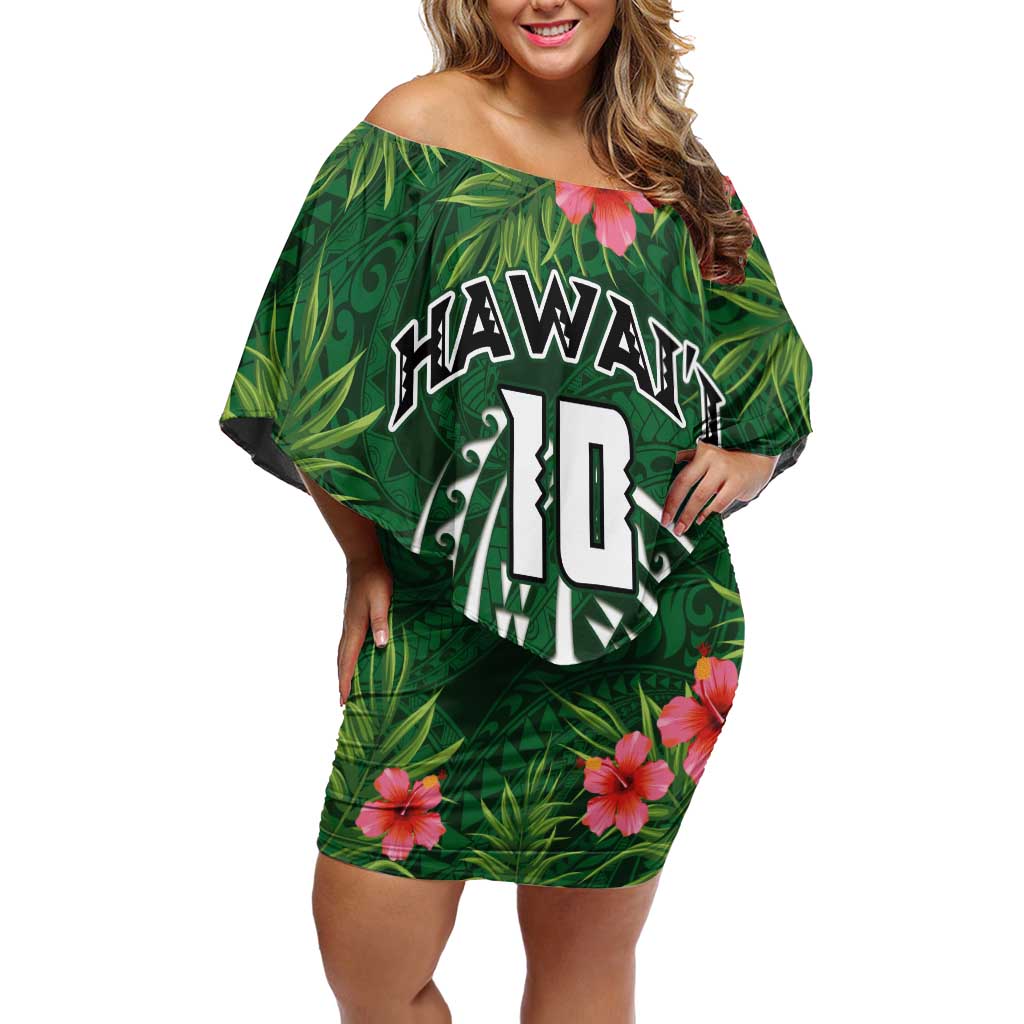 Custom Hawaii Volleyball Off Shoulder Short Dress Kakau Abstract and Tropical Plants Green Color - Polynesian Pride