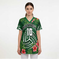 Custom Hawaii Volleyball Scrub Top Kakau Abstract and Tropical Plants Green Color - Polynesian Pride