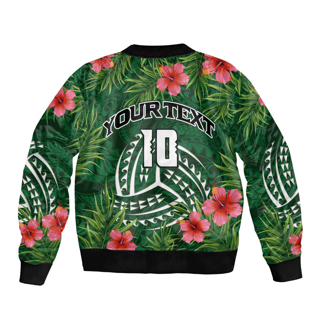 Custom Hawaii Volleyball Sleeve Zip Bomber Jacket Kakau Abstract and Tropical Plants Green Color - Polynesian Pride