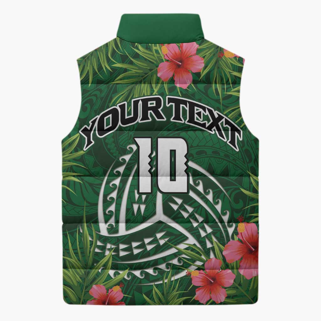 Custom Hawaii Volleyball Sleeveless Puffer Jacket Kakau Abstract and Tropical Plants Green Color - Polynesian Pride