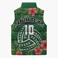 Custom Hawaii Volleyball Sleeveless Puffer Jacket Kakau Abstract and Tropical Plants Green Color - Polynesian Pride
