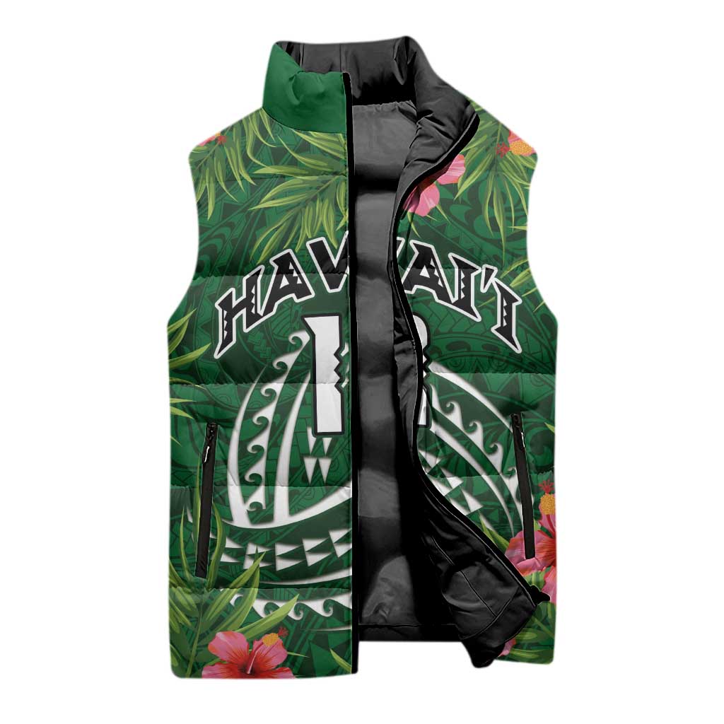 Custom Hawaii Volleyball Sleeveless Puffer Jacket Kakau Abstract and Tropical Plants Green Color - Polynesian Pride