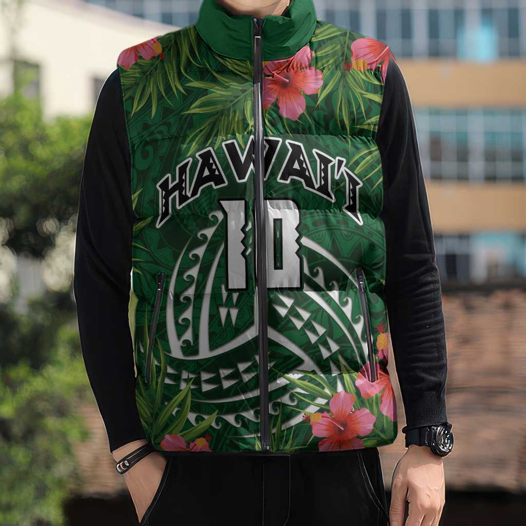 Custom Hawaii Volleyball Sleeveless Puffer Jacket Kakau Abstract and Tropical Plants Green Color - Polynesian Pride