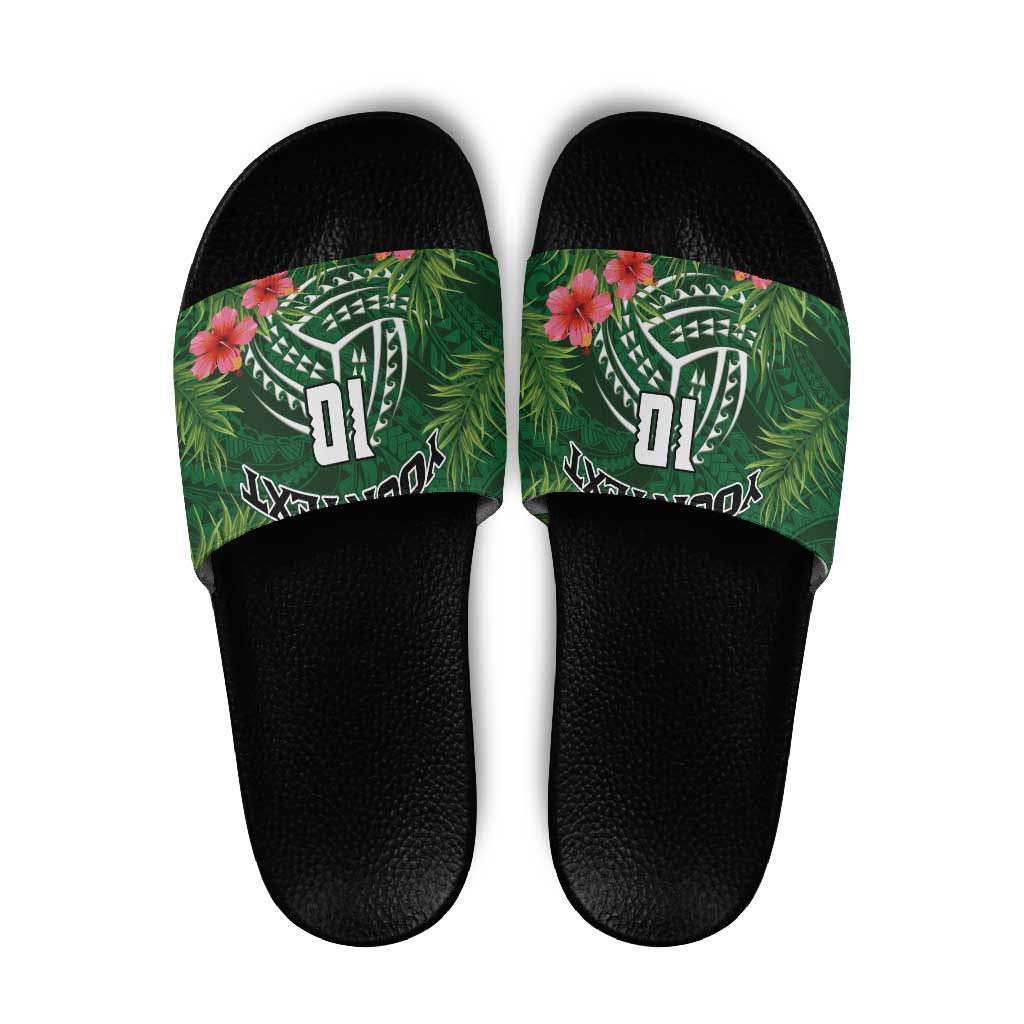 Custom Hawaii Volleyball Slide Sandals Kakau Abstract and Tropical Plants Green Color - Polynesian Pride