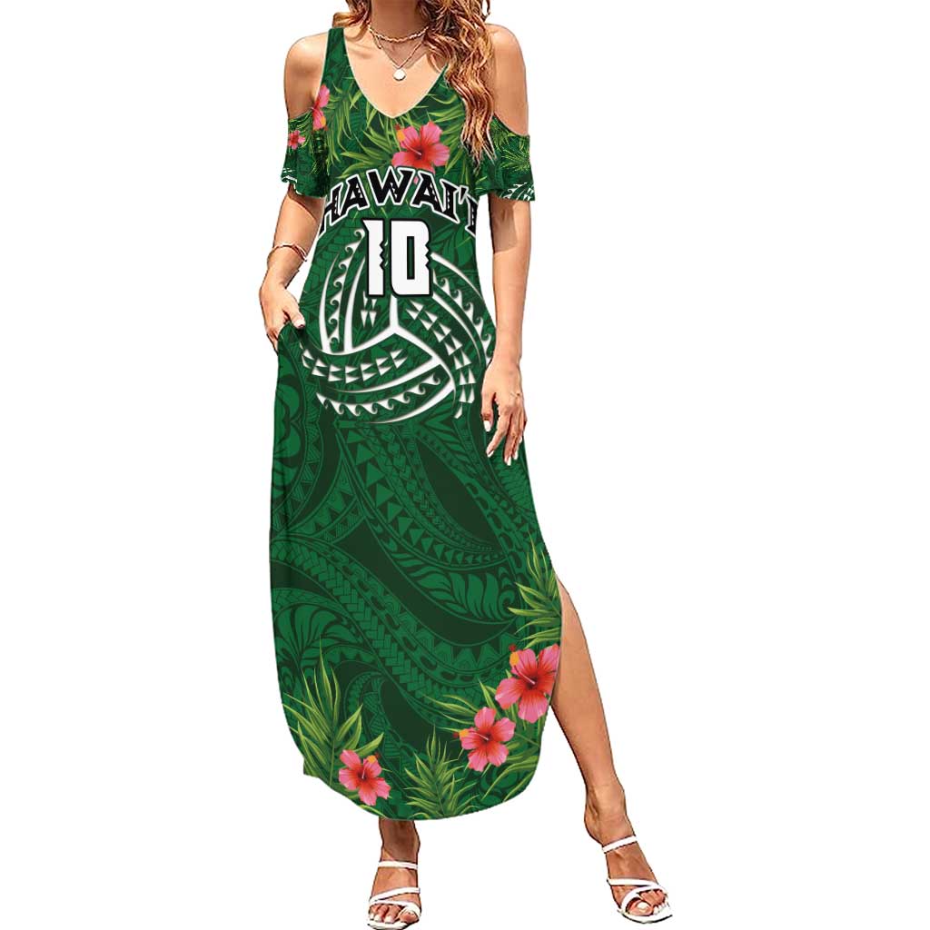 Custom Hawaii Volleyball Summer Maxi Dress Kakau Abstract and Tropical Plants Green Color - Polynesian Pride