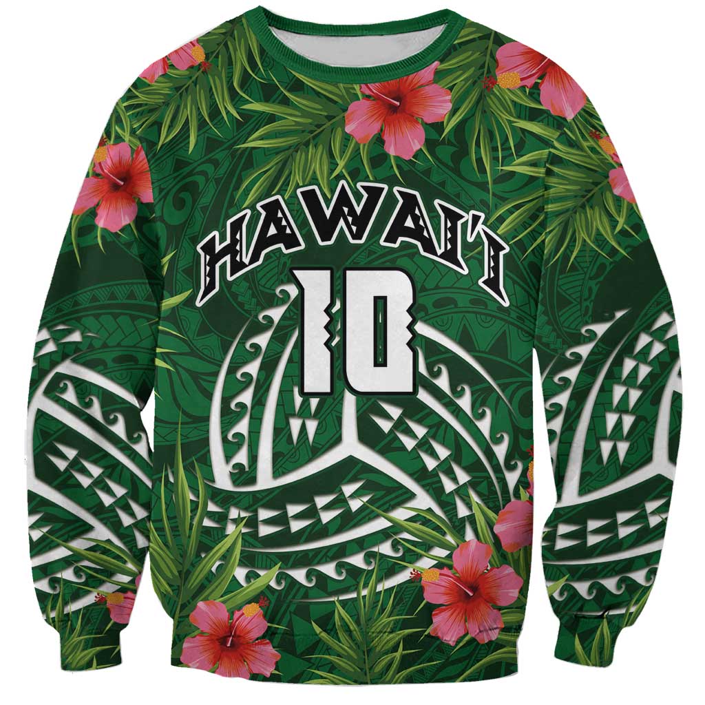 Custom Hawaii Volleyball Sweatshirt Kakau Abstract and Tropical Plants Green Color - Polynesian Pride