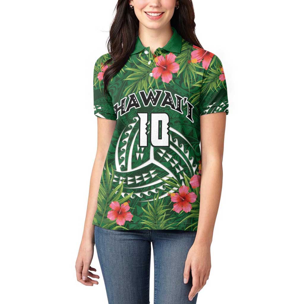 Custom Hawaii Volleyball Women Polo Shirt Kakau Abstract and Tropical Plants Green Color - Polynesian Pride