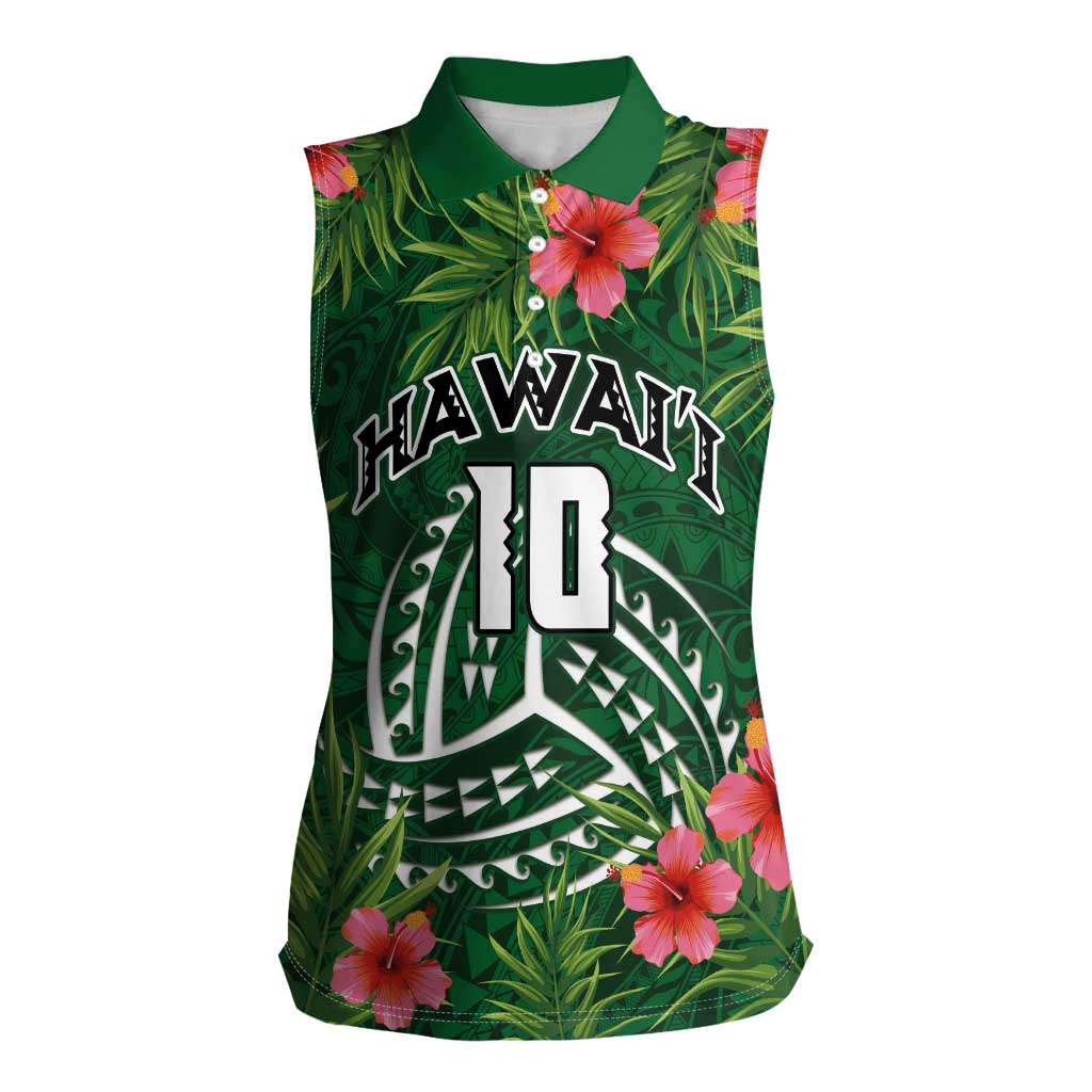 Custom Hawaii Volleyball Women Sleeveless Polo Shirt Kakau Abstract and Tropical Plants Green Color - Polynesian Pride