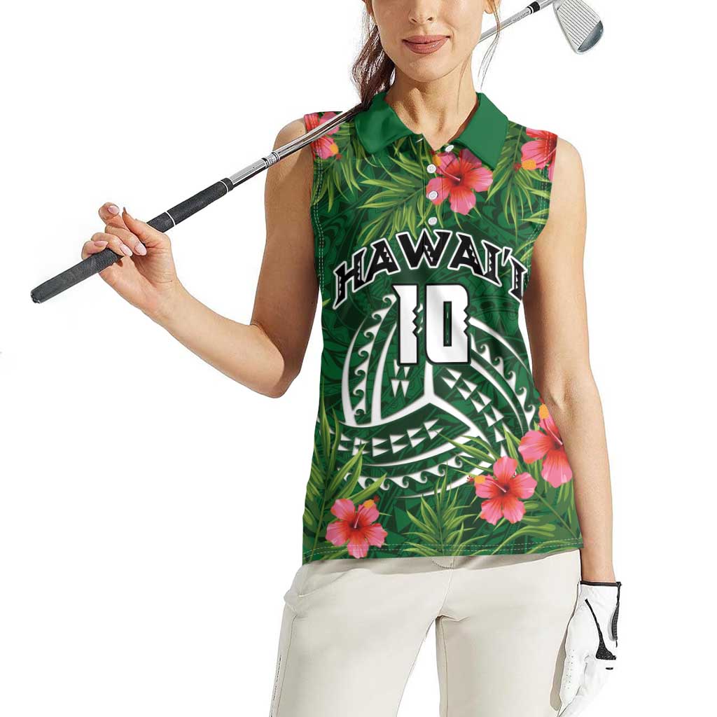 Custom Hawaii Volleyball Women Sleeveless Polo Shirt Kakau Abstract and Tropical Plants Green Color - Polynesian Pride