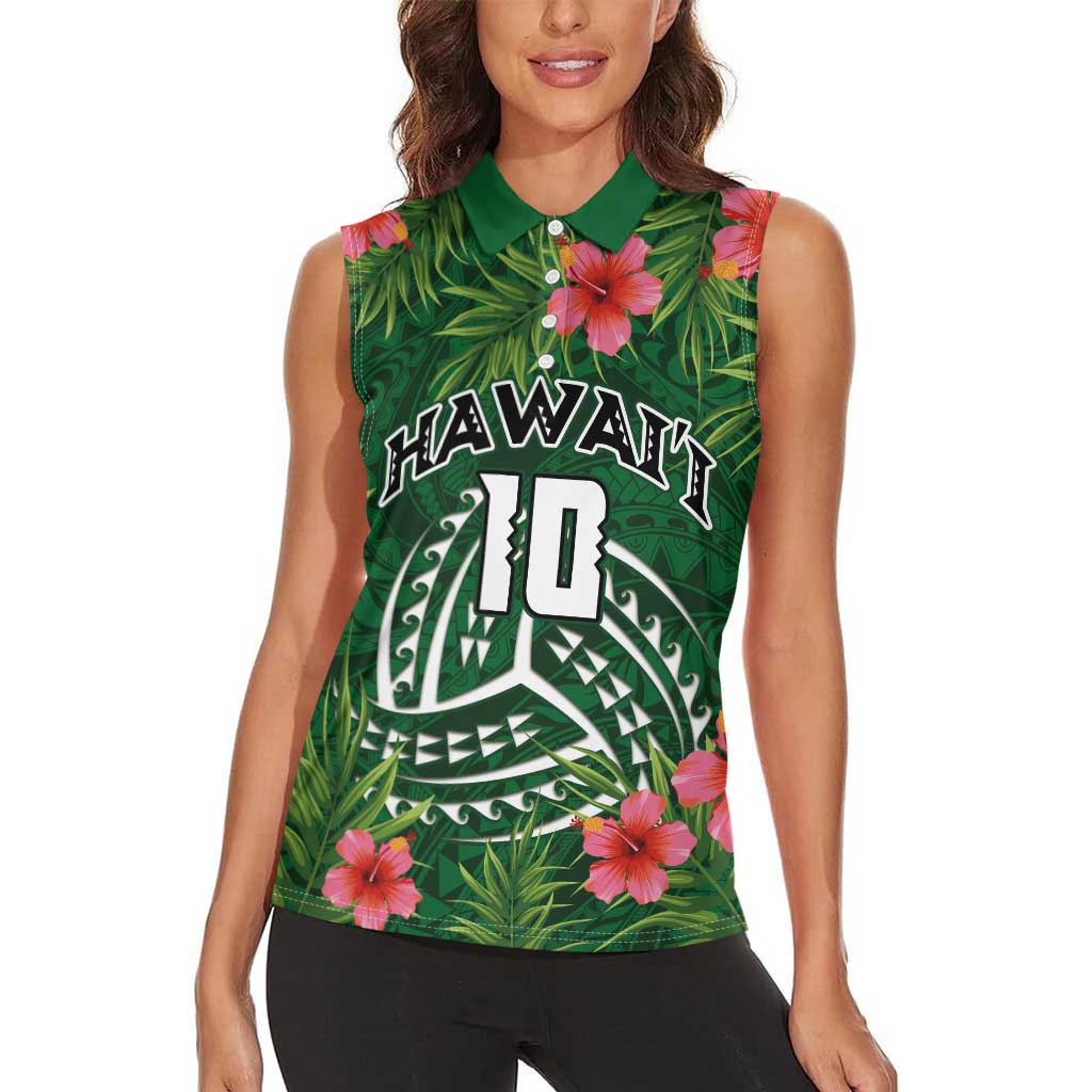 Custom Hawaii Volleyball Women Sleeveless Polo Shirt Kakau Abstract and Tropical Plants Green Color - Polynesian Pride
