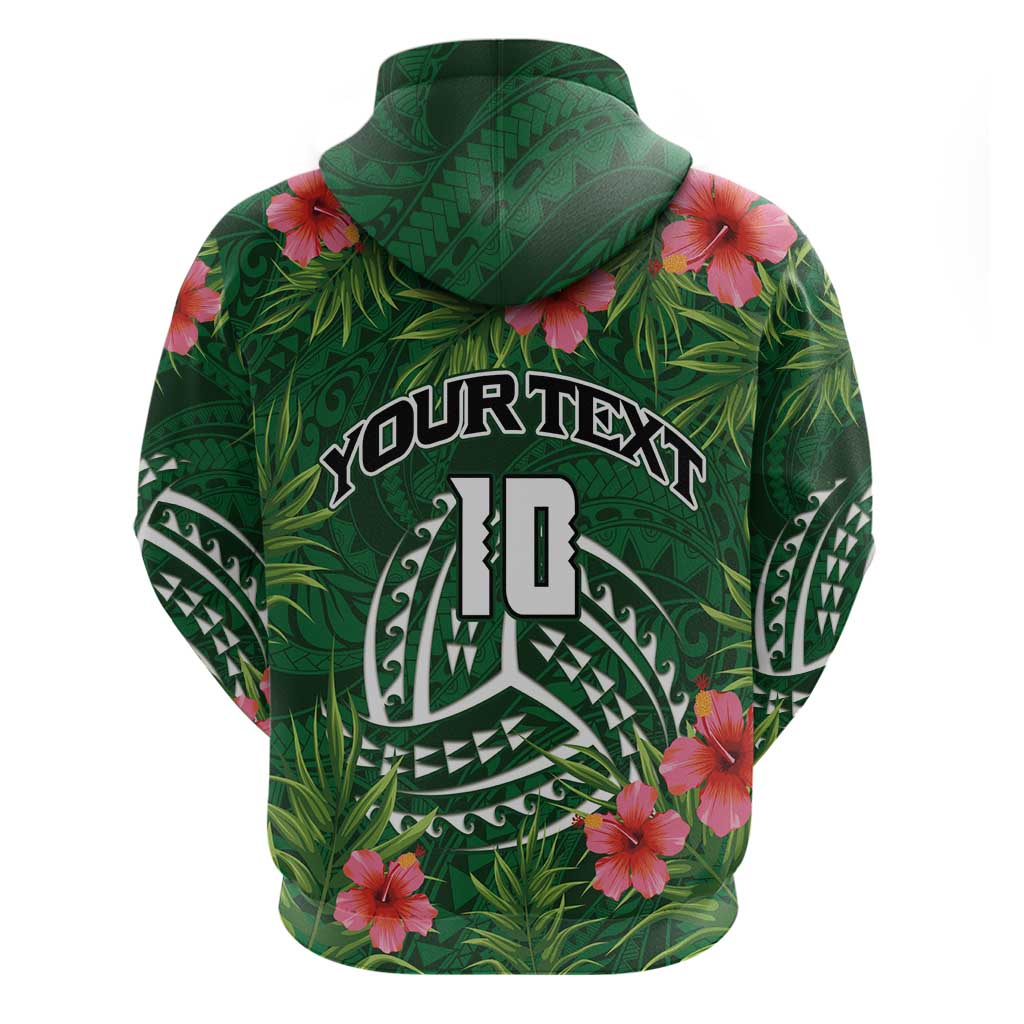 Custom Hawaii Volleyball Zip Hoodie Kakau Abstract and Tropical Plants Green Color - Polynesian Pride